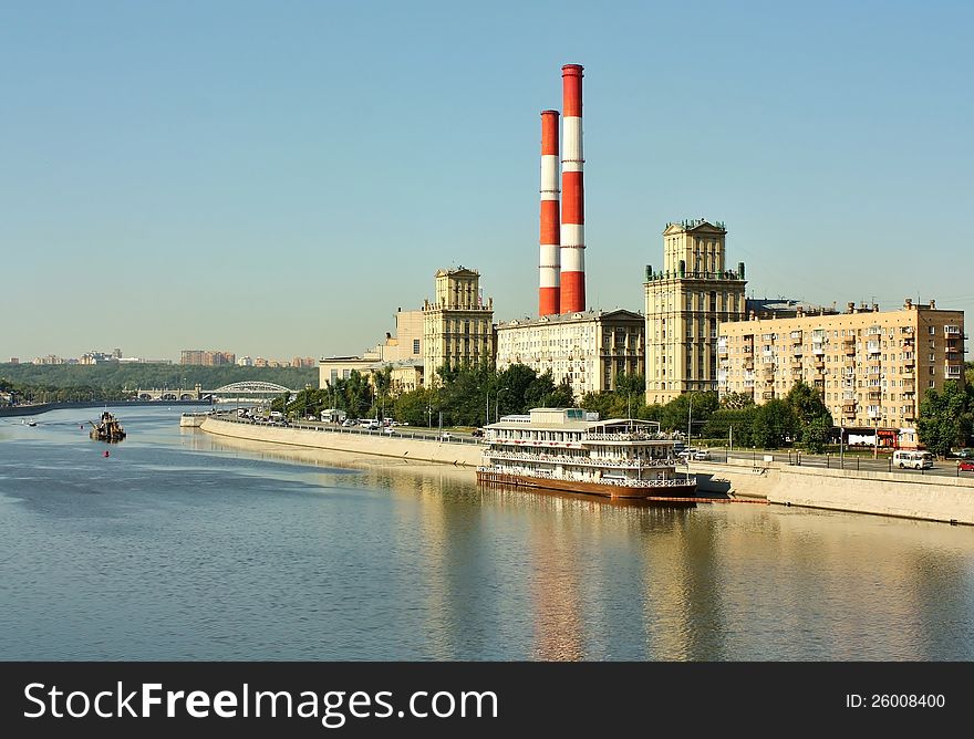 View on Berezhkovskaya  Embankment  from the bridge. View on Berezhkovskaya  Embankment  from the bridge