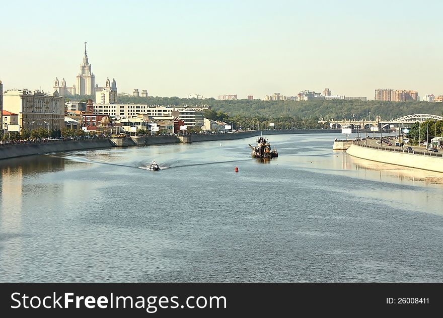View of the Moscow River in the summer morning. View of the Moscow River in the summer morning