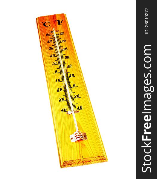 Outdoor alcohol thermometer on a wooden base to be used for hanging on the wall of the house.