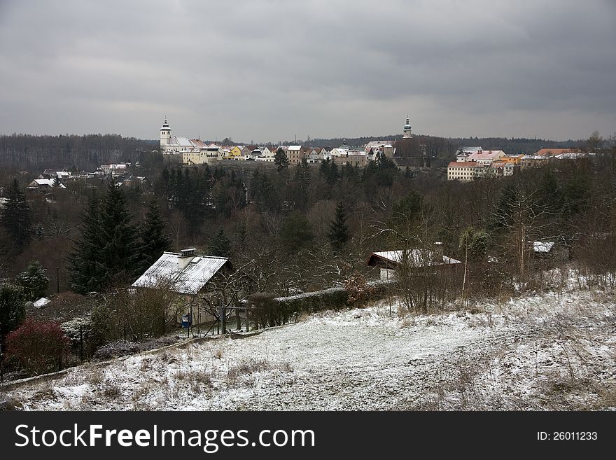 Winter landscape with a town in the winter-cloudy day. Winter landscape with a town in the winter-cloudy day