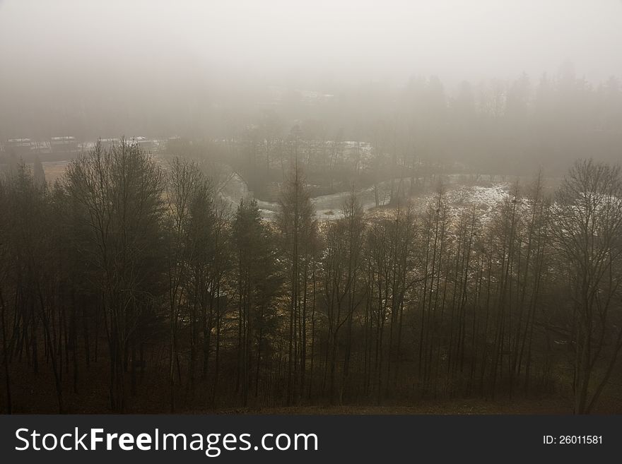 View of the valley with the river in the autumn mist, trees in fog. View of the valley with the river in the autumn mist, trees in fog