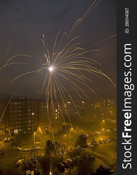 Firing of fireworks on new year's in prague housing estates. Firing of fireworks on new year's in prague housing estates