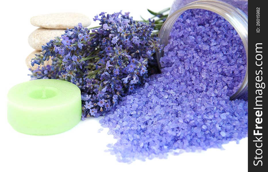 Lavender bath salt and  fresh lavender on  a white background