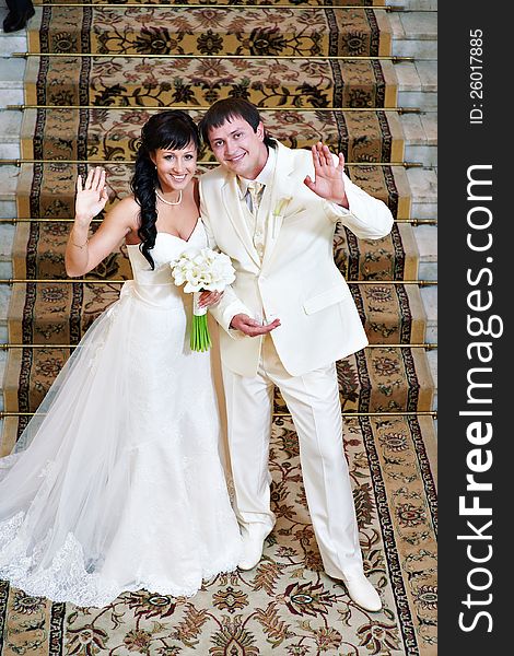 Happy Bride And Groom Against A Carpet