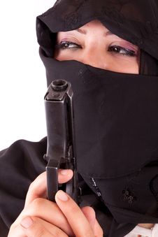 Arabian Wearing Niqab With Gun Stock Images