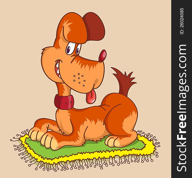 Red dog is sitting on a yellow-green carpet. Red dog is sitting on a yellow-green carpet