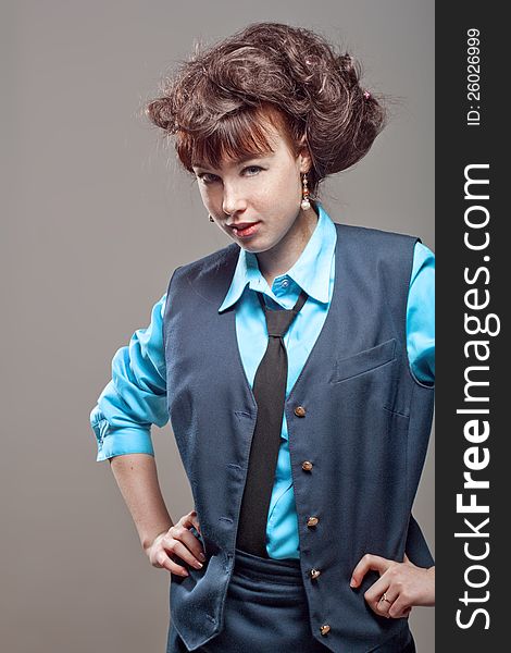 Beautiful stewardess posing with disheveled hair