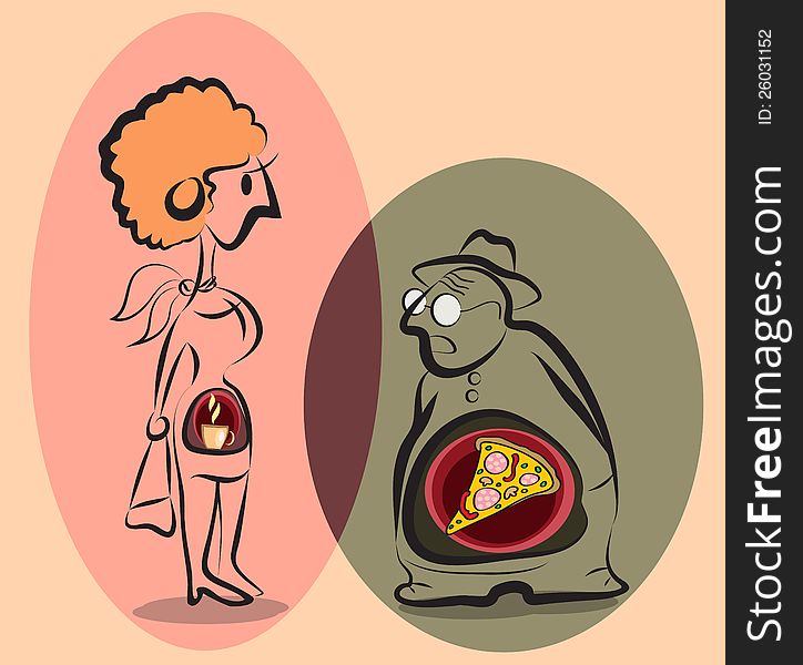 Stylized man and woman with food inside