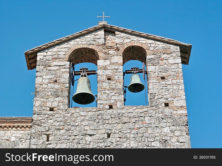 The bell tower of st. nicolÃ² in sangemini, terni, umbria, italy. The bell tower of st. nicolÃ² in sangemini, terni, umbria, italy