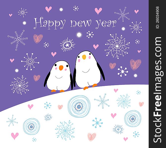 New Year's greeting card with gay penguins in the background with snowflakes. New Year's greeting card with gay penguins in the background with snowflakes