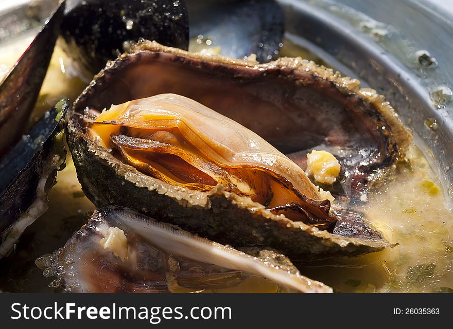 Delicious dish with steamed Adriatic mussels. Macro. Delicious dish with steamed Adriatic mussels. Macro