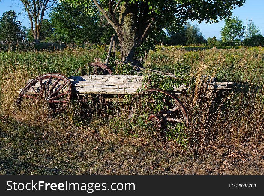 Wreck of an old horse-drawn wagon rotting in a farmer's field. Wreck of an old horse-drawn wagon rotting in a farmer's field