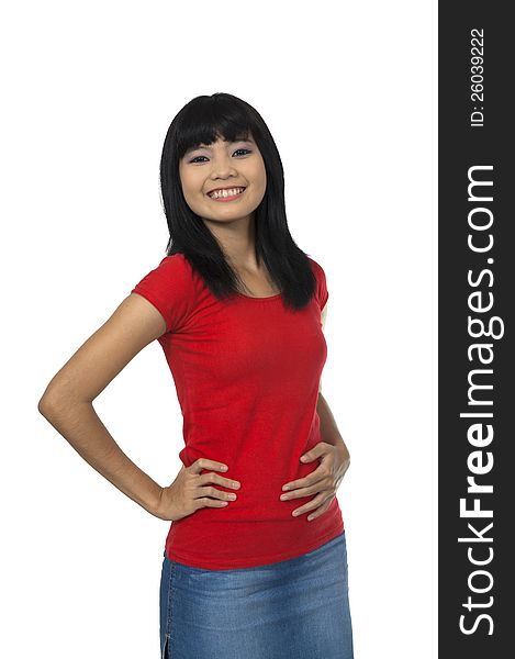 Asian woman in red shirt, posing isolated over white background