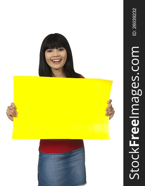 Asian woman holding banner isolated over white background. Asian woman holding banner isolated over white background