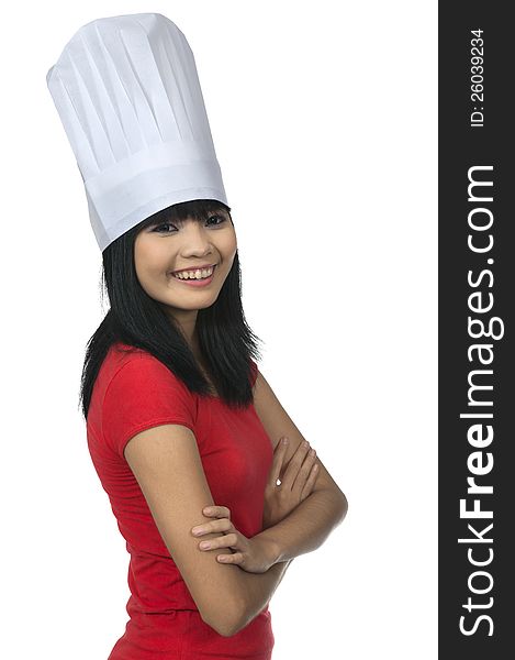 Asian chef woman smile isolated over white background. Asian chef woman smile isolated over white background