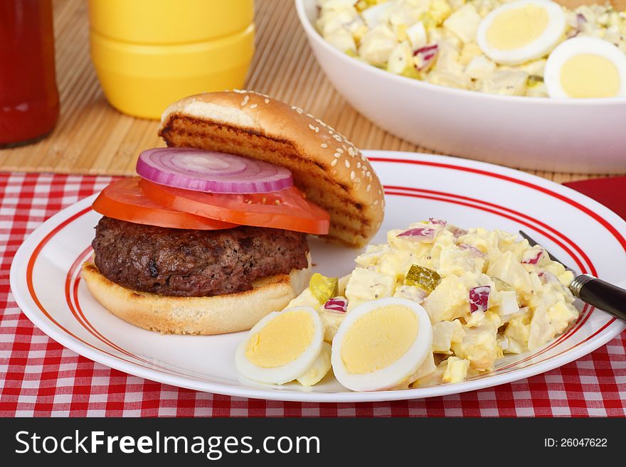 Potato salad with sliced egg and a burger on a plate. Potato salad with sliced egg and a burger on a plate