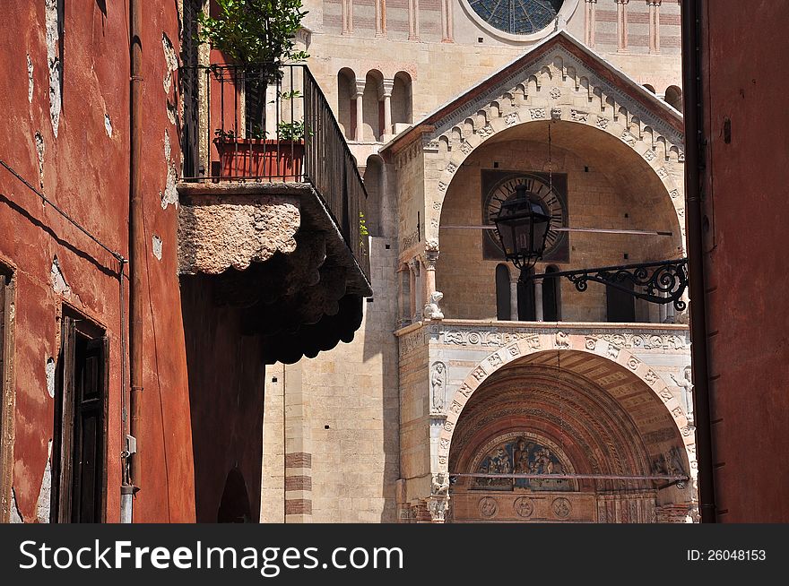 Duomo facade and street view in the medieval quarter of Verona, Veneto, Italy. Duomo facade and street view in the medieval quarter of Verona, Veneto, Italy