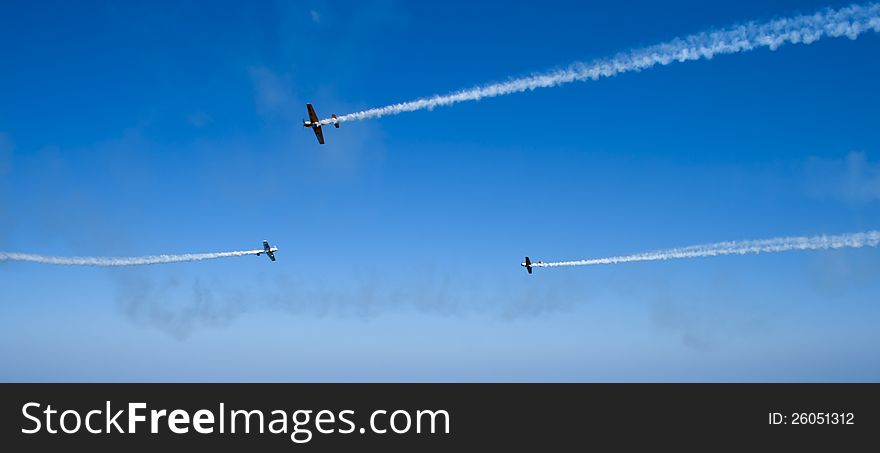 Three airplanes flying in Airshow. Three airplanes flying in Airshow