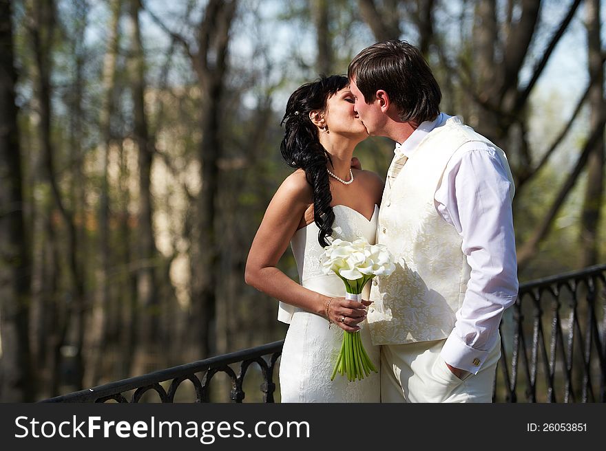 Kiss bride and groom with white bouquet. Kiss bride and groom with white bouquet