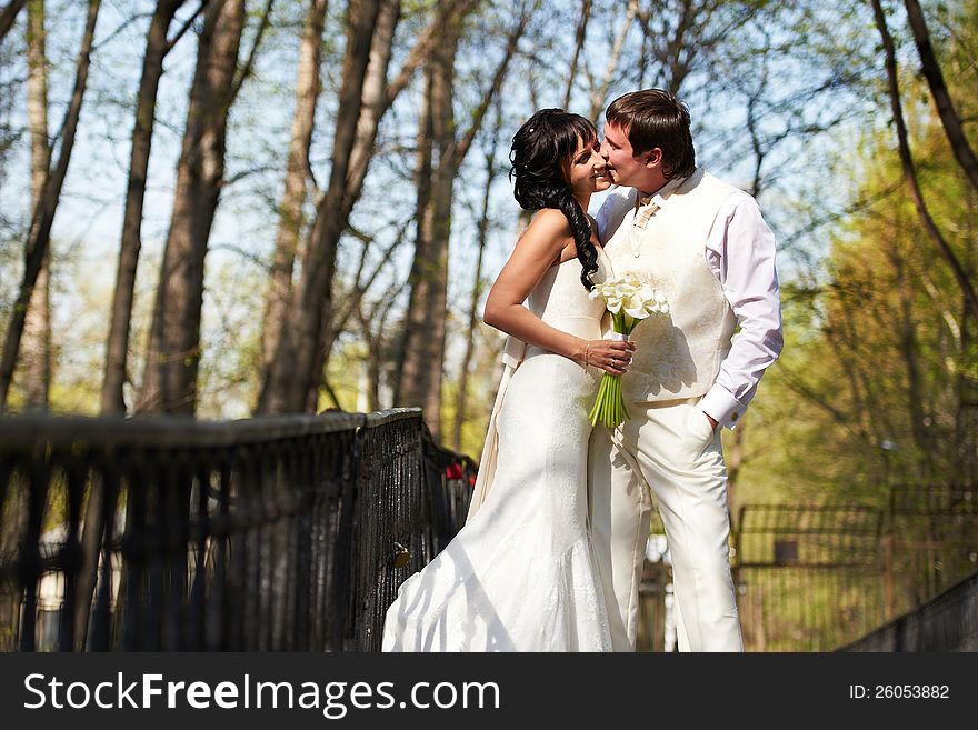 Kiss bride and groom with white bouquet. Kiss bride and groom with white bouquet