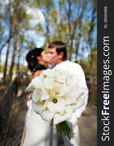 Kiss bride and groom with white bouquet. Kiss bride and groom with white bouquet