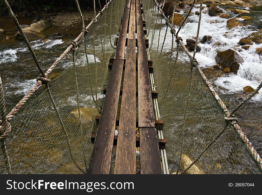 Hanging Bridge Over Waterfall