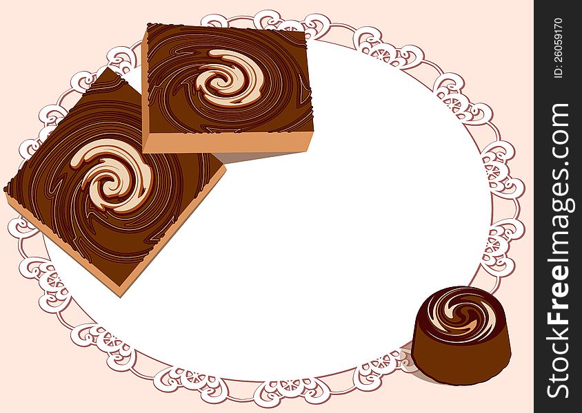 Chocolate sweets on lacy doily, background for design. Chocolate sweets on lacy doily, background for design