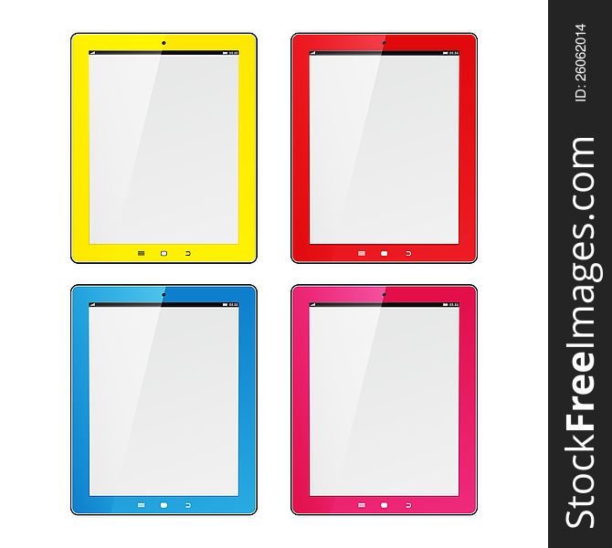 Tablet computer. Colorful frame tablet pc with white screen. Object isolated of background.