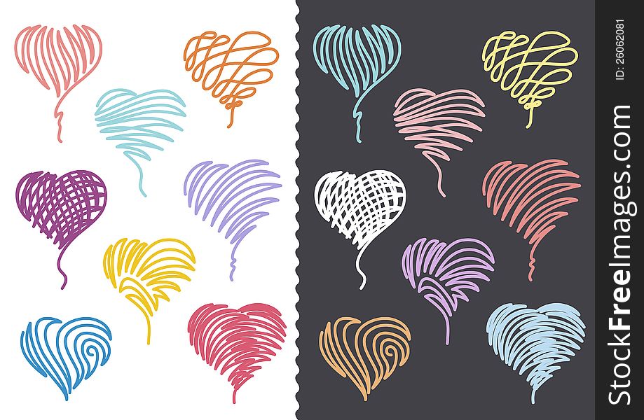 Collection of Hand Drawn Hearts. On white and dark-grey background. Collection of Hand Drawn Hearts. On white and dark-grey background.