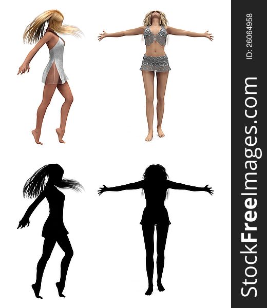 Blond hair 3d girls and silhouette isolated on white. Blond hair 3d girls and silhouette isolated on white.