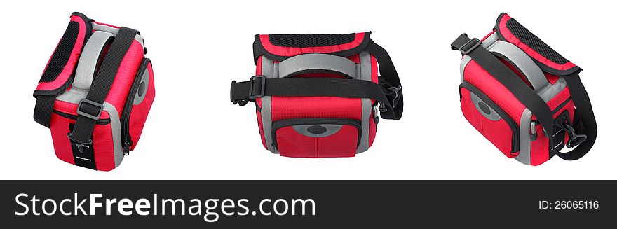 Red photo bag isolated on white top left, top center and top right views. Red photo bag isolated on white top left, top center and top right views