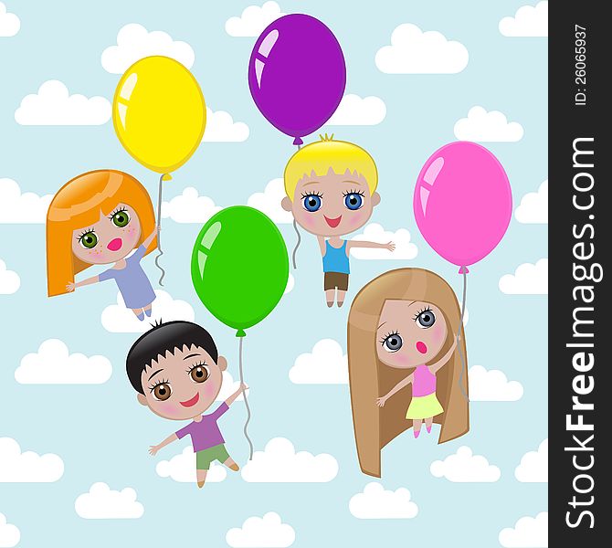 Four pretty children are flying on balloons