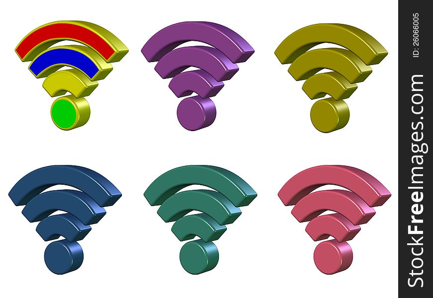 Six icons of wireless Internet in 3D in different colors. Six icons of wireless Internet in 3D in different colors.
