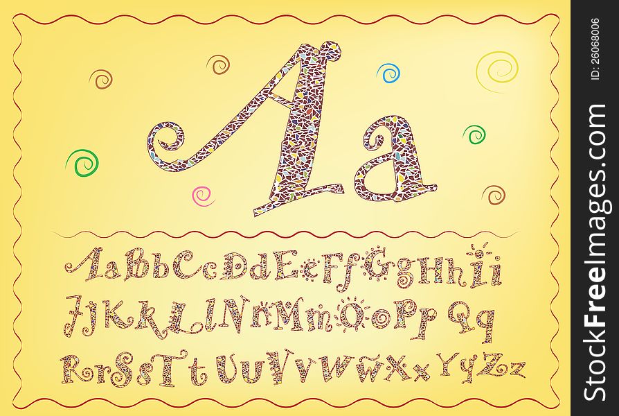 There are letters small and caps made from mosaic on a yellow background in funny style. There are letters small and caps made from mosaic on a yellow background in funny style
