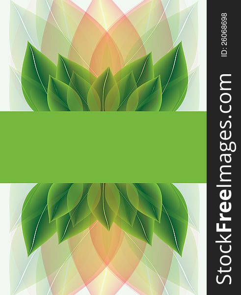 Botanical background of overlapping stylised leaves fading from a fresh spring green through orange to pastel mint with a central blank banner for your text. Botanical background of overlapping stylised leaves fading from a fresh spring green through orange to pastel mint with a central blank banner for your text