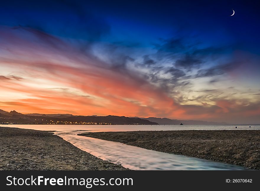 Colorful sunset at northern beach of Eilat, Israel. Colorful sunset at northern beach of Eilat, Israel
