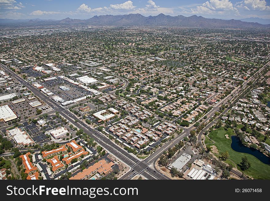 Aerial view of homes and apartments in upscale Scottsdale, Arizona