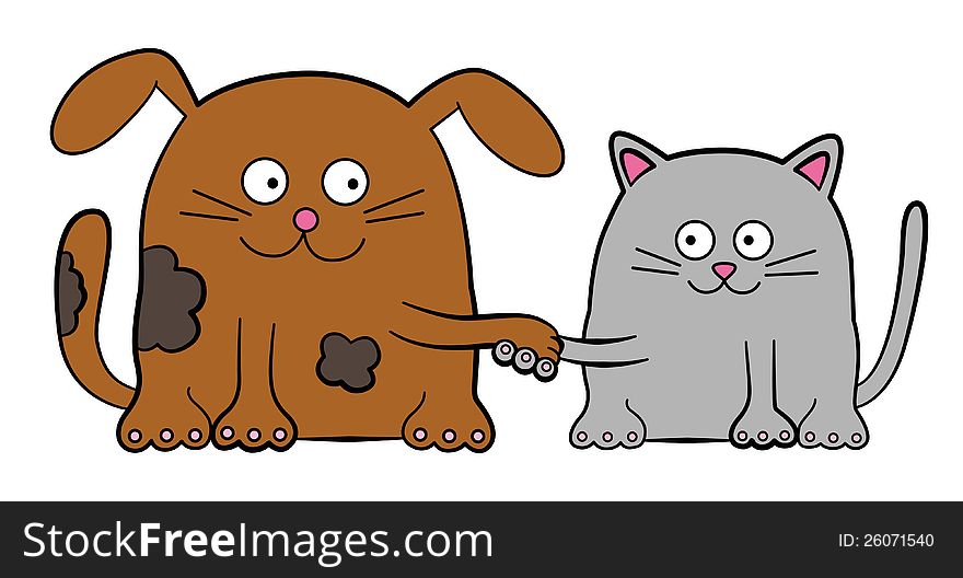 A cute dog and cat holding paws with each other. A cute dog and cat holding paws with each other