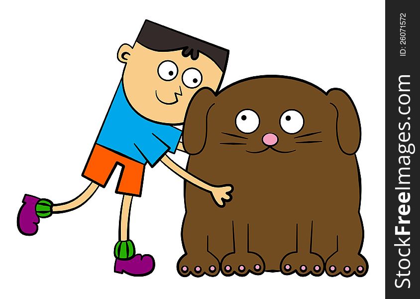 A cartoon boy embracing a cute smiling brown dog. A cartoon boy embracing a cute smiling brown dog