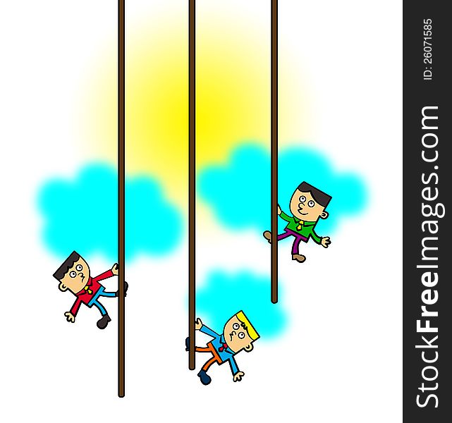 Three cartoon business men climbing up a rope. Three cartoon business men climbing up a rope