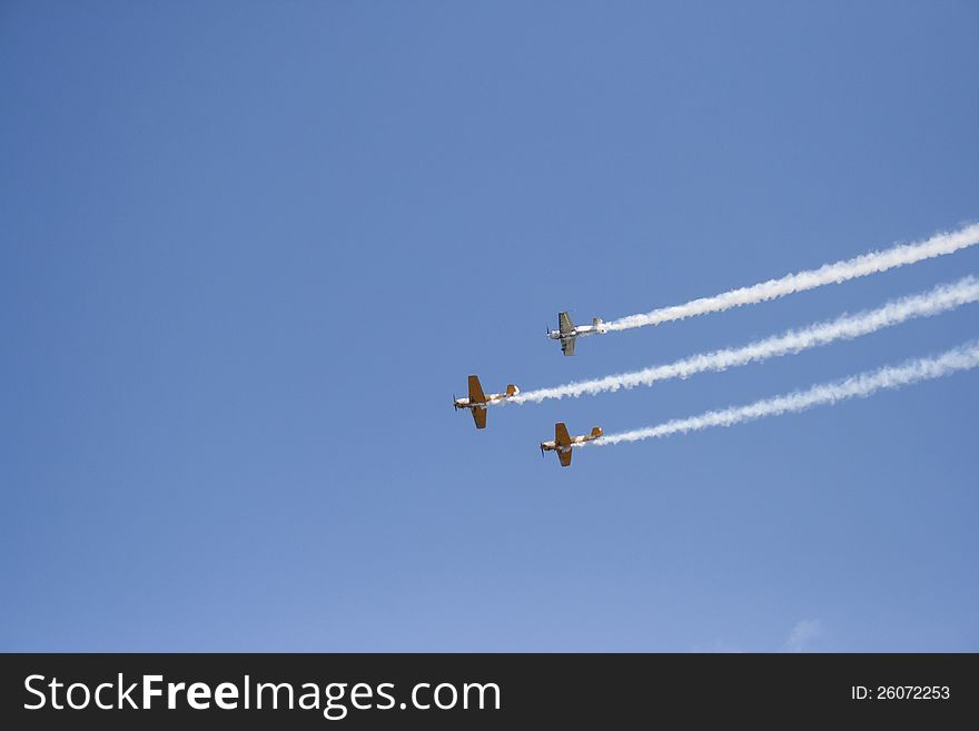 Three airplanes flying in Airshow. Three airplanes flying in Airshow