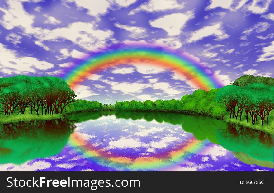 Illustration of rainbow over the lake after the rain.