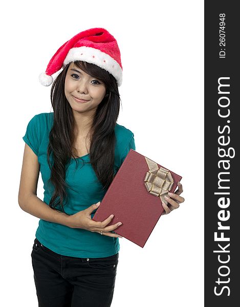 Asian woman holding christmas gift box isolated over white background. Asian woman holding christmas gift box isolated over white background