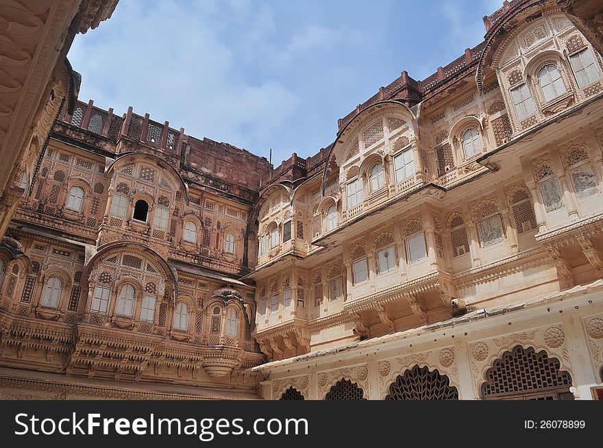 A view of the palace with highly ornate balconies inside Mehrangarh fort Jodhpur. A view of the palace with highly ornate balconies inside Mehrangarh fort Jodhpur