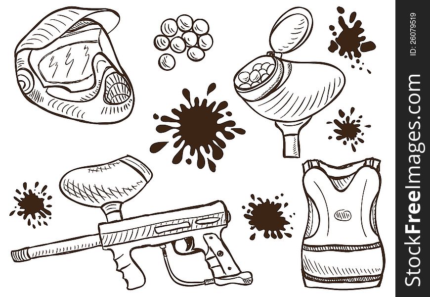 Illustration of paintball equipment and splash - doodle style. Illustration of paintball equipment and splash - doodle style