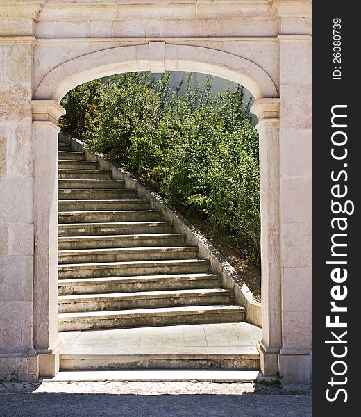 Open air entrance with stone stairs. Open air entrance with stone stairs