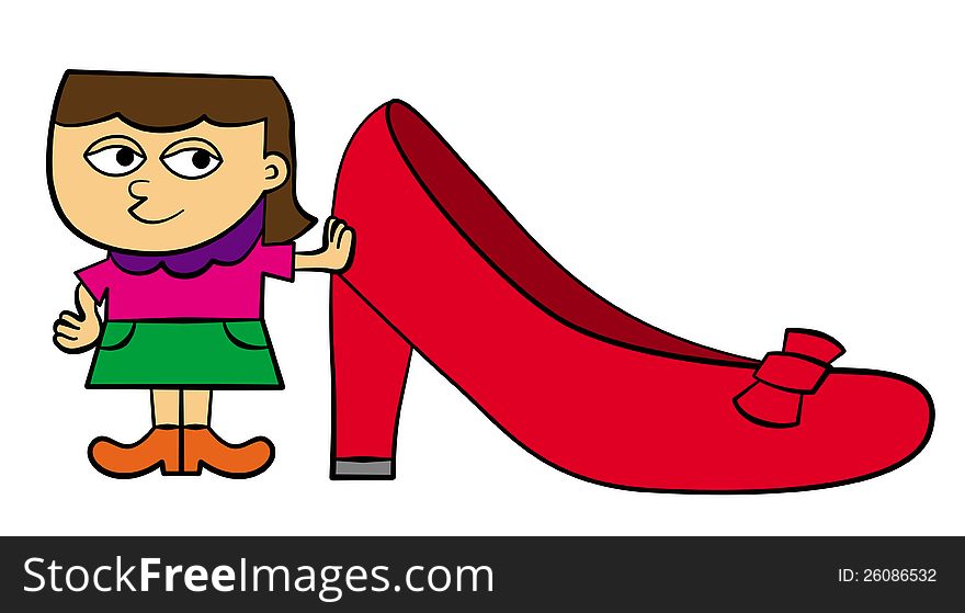 A smiling cartoon girl with a large shoe beside her. A smiling cartoon girl with a large shoe beside her