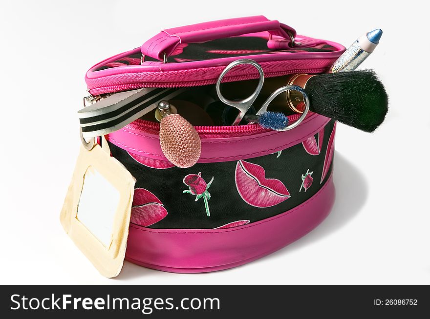 Bag with cosmetics  on a white background