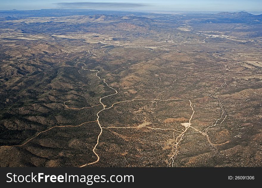Rugged southwest landscape over Arizona from ten thousand feet