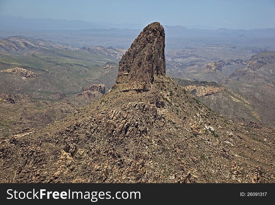 Closeup aerial view of Weaver's Needle in the Superstition Mountains. Closeup aerial view of Weaver's Needle in the Superstition Mountains